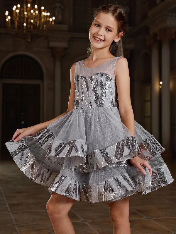 Tween Girls' Mesh Layered Hem Contrast Sequin Party Dress Tunics Occasion special
