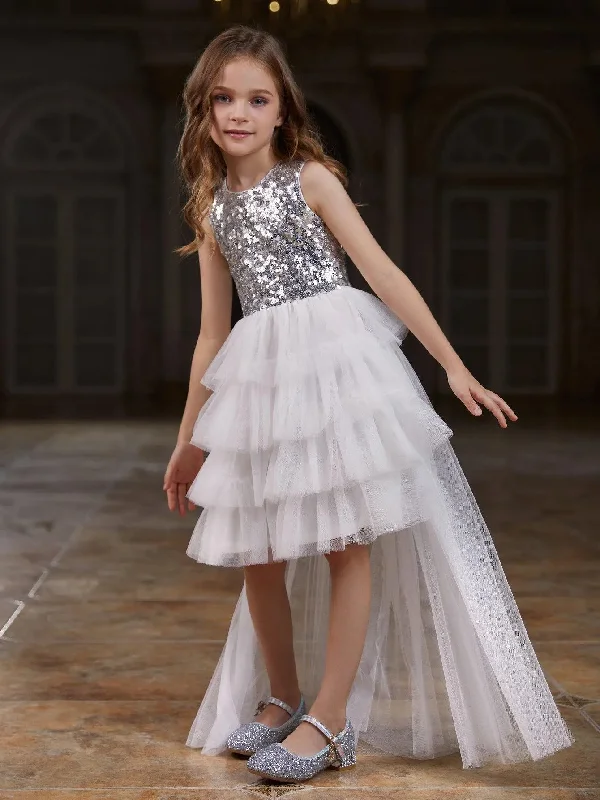 Tween Girls' Mesh Layered Hem Sequin Party Dress Tunics Chic elegant