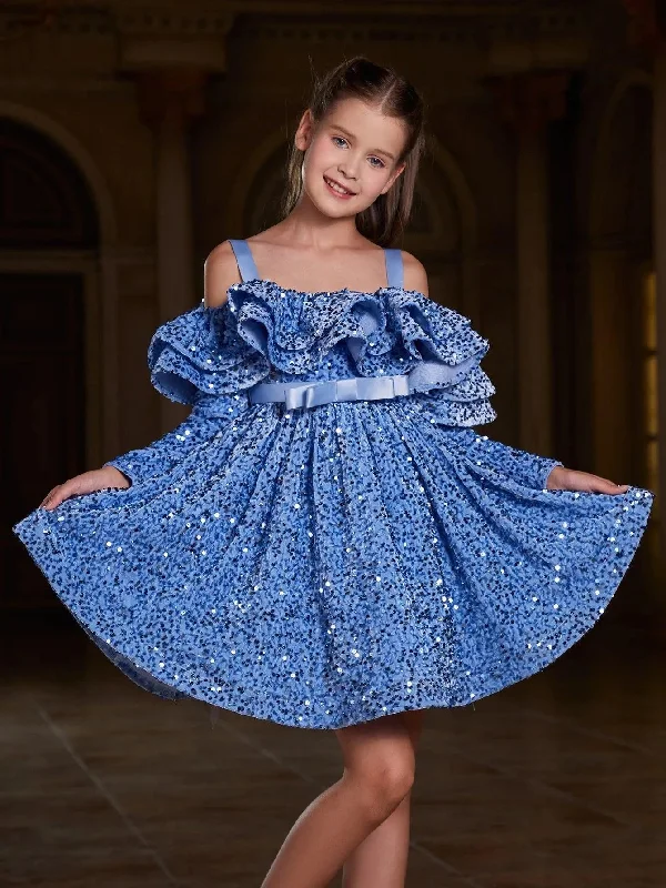 Tween Girls' Off Shoulder Layered Ruffle Trim Sequin Party Dress Tunics Yoga stretchy Tween Girls' Off Shoulder Layered Ruffle Trim Sequin Party Dress Tunics Yoga stretchy