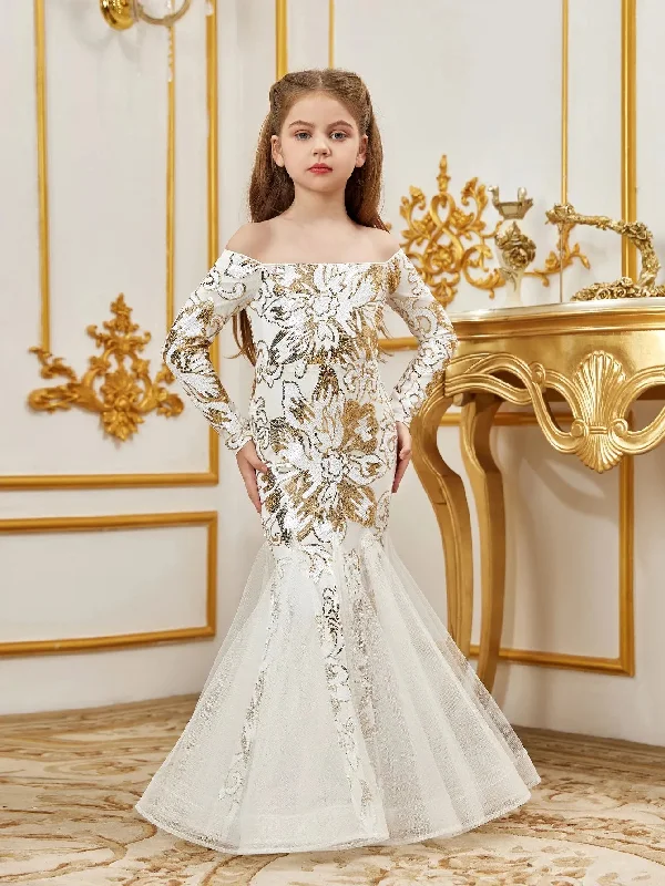 Tween Girls' Off Shoulder Long Sleeves Contrast Mesh Mermaid Hem Floral Sequin Party Dress Tunics Wedding white Tween Girls' Off Shoulder Long Sleeves Contrast Mesh Mermaid Hem Floral Sequin Party Dress Tunics Wedding white