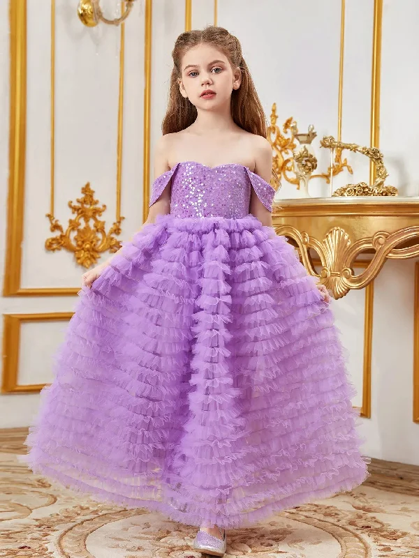 Tween Girls' Off Shoulder Sequin Contrast Ruffle Layered Hem Party Dress Tunics Ceremony elegant Tween Girls' Off Shoulder Sequin Contrast Ruffle Layered Hem Party Dress Tunics Ceremony elegant