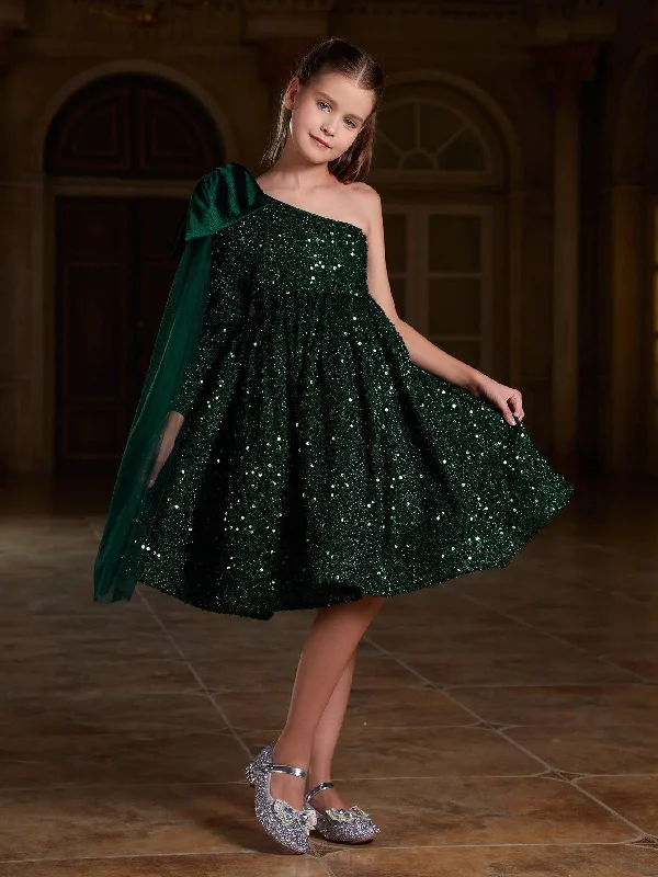 Tween Girls' One Shoulder Bow Detail Sequin Party Dress Tunics Stylish modern