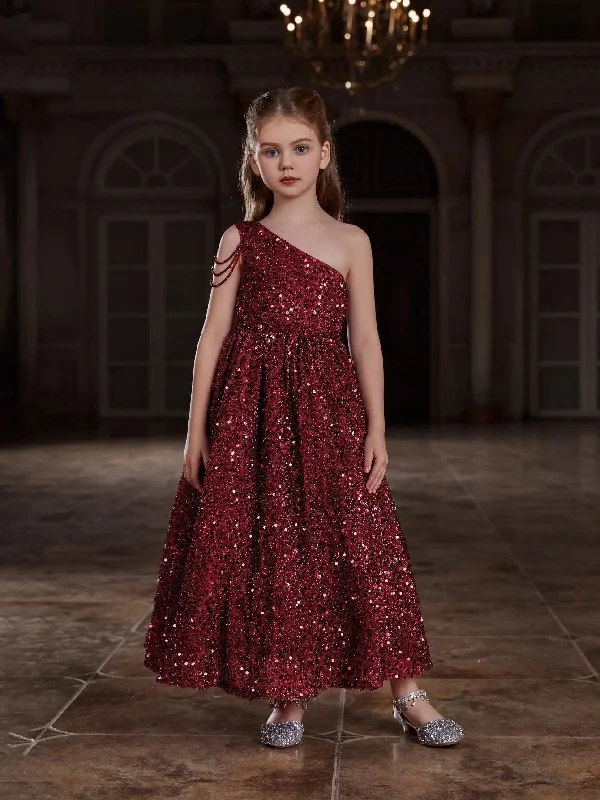 Tween Girls' One Shoulder Chain Detail Sequin Party Dress Peplum Ruffle Cocktail