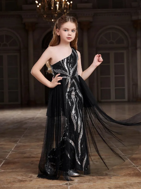 Tween Girls' One Shoulder Graphic Sequin Party Dress Cowl Neckline Elegant