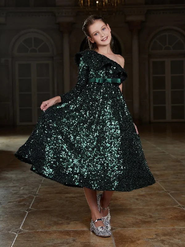 Tween Girls' One Shoulder Ruffle Trim Sequin Party Dress Glittery Long Formal
