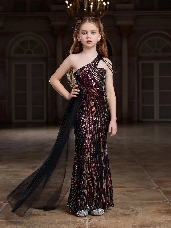 Tween Girls' One Shoulder Sleeveless Graphic Sequin Party Dress Off-the-shoulder Bohemian Festive