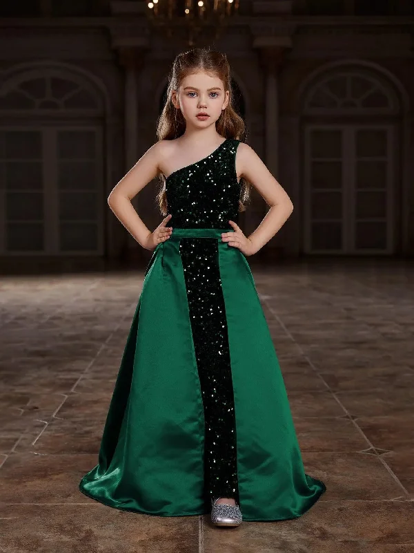 Tween Girls' One Shoulder Sleeveless Sequin Party Dress Tunics Ceremony elegant