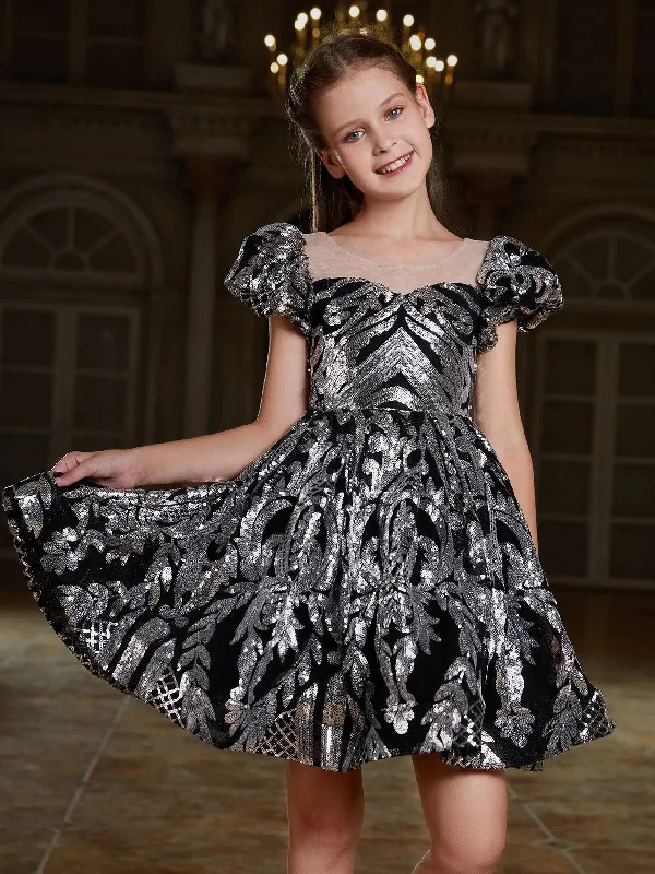 Tween Girls' Puff Sleeve Contrast Mesh Sequin Party Dress Tunics Designer luxury
