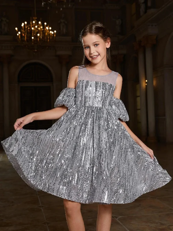 Tween Girls' Puff Sleeves Contrast Mesh Sequin Party Dress Tunics Evening elegant