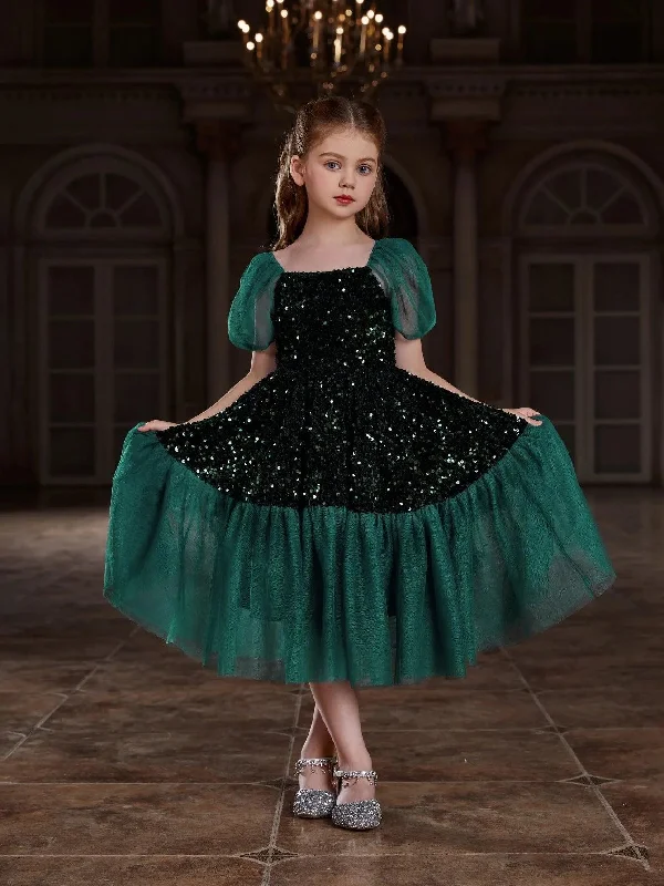 Tween Girls' Puff Sleeves Contrast Mesh Sequin Party Dress Tunics Running lightweight Tween Girls' Puff Sleeves Contrast Mesh Sequin Party Dress Tunics Running lightweight