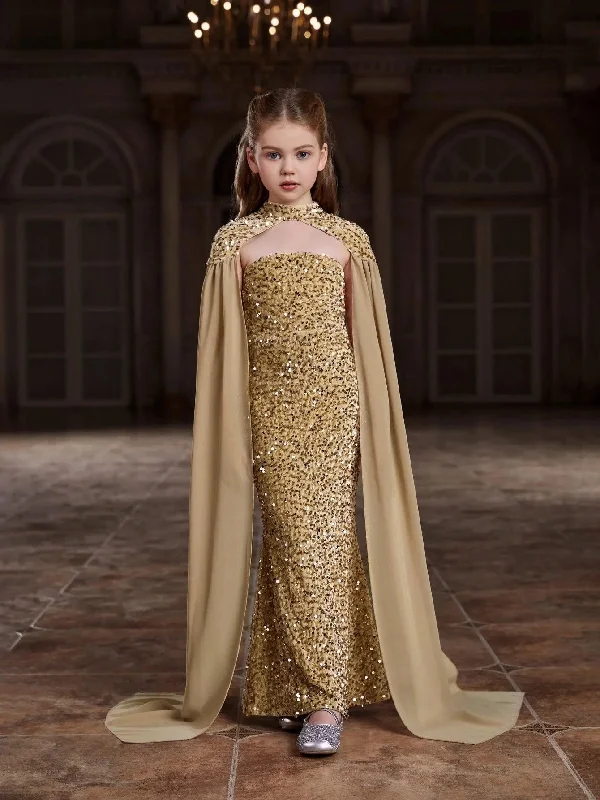 Tween Girls' Sequin Tube Party Dress Removable Cape Tunics Satin smooth