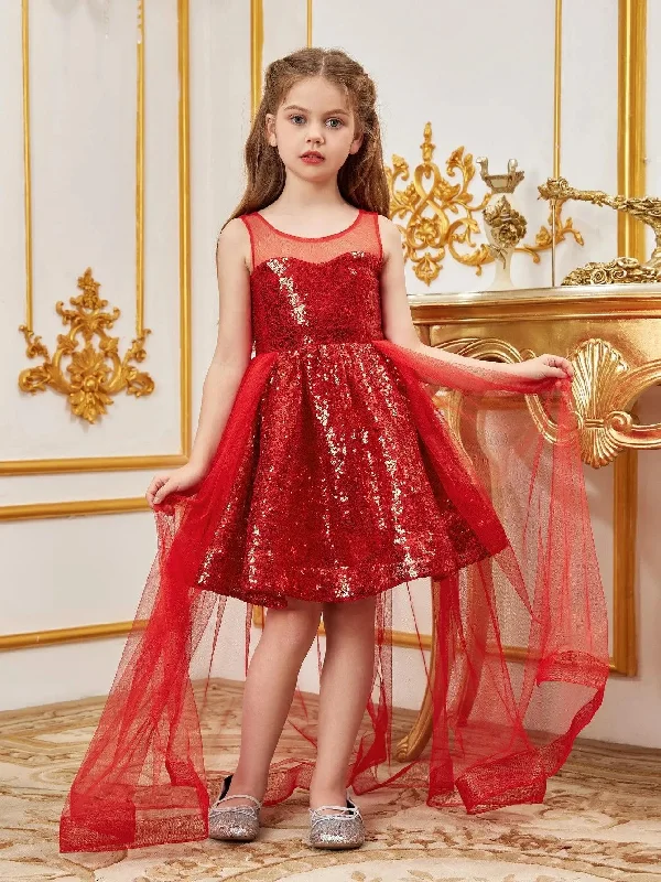 Tween Girls' Sleeveless Contrast Mesh Sequin Party Dress Tunics Velvet soft