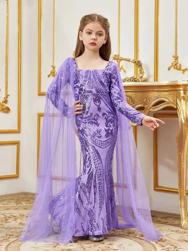 Tween Girls' Squaret Neck Long Sleeves Mermaid Hem Graphic Sequin Party Dress Tunics Modern contemporary Tween Girls' Squaret Neck Long Sleeves Mermaid Hem Graphic Sequin Party Dress Tunics Modern contemporary