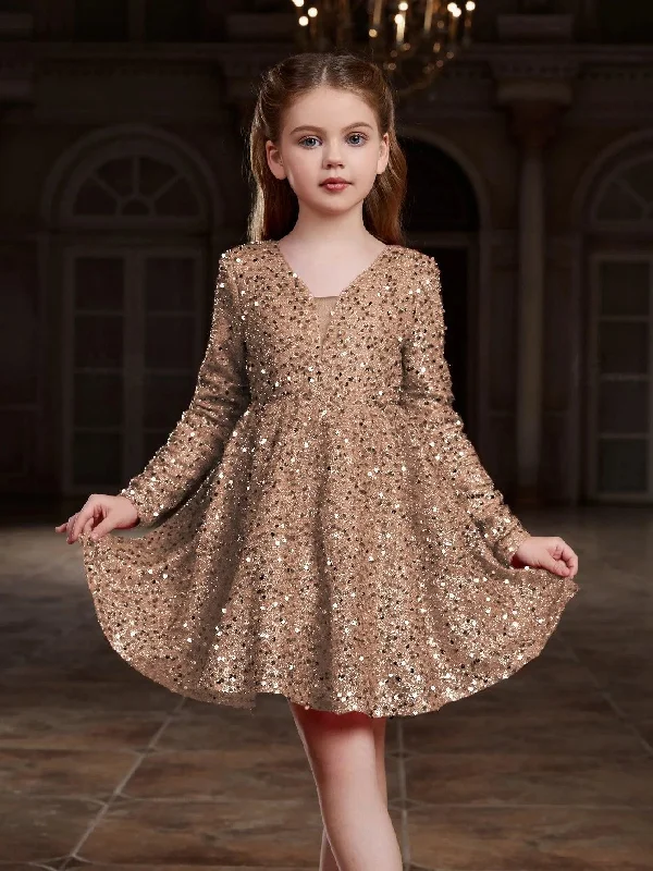 Tween Girls' V Neck Backless Sequin Party Dress Tunics Vintage classic