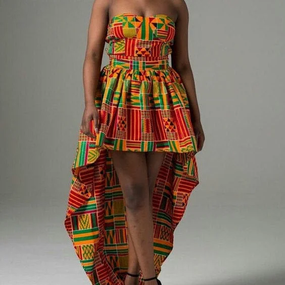 Women's African Clothing. Asymmetrical Ankara Short Gown. African Kente Print Dress. African Party Dress. African Wedding Guest Dress. Off-the-shoulder Bohemian Festive Women's African Clothing. Asymmetrical Ankara Short Gown. African Kente Print Dress. African Party Dress. African Wedding Guest Dress. Off-the-shoulder Bohemian Festive
