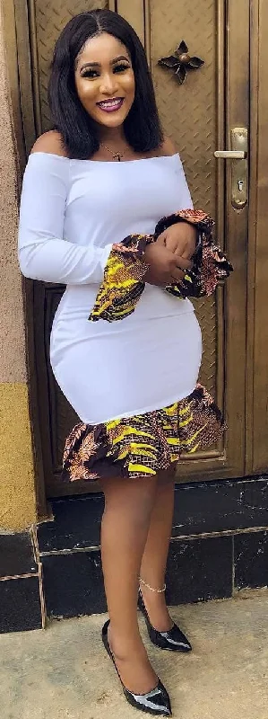 Women's African Clothing. Off the Shoulder Ankara Short Gown. African Print Dress. White Stretch. African Party Dress. Wedding Guest Dress. Tunics Gym athletic Women's African Clothing. Off the Shoulder Ankara Short Gown. African Print Dress. White Stretch. African Party Dress. Wedding Guest Dress. Tunics Gym athletic