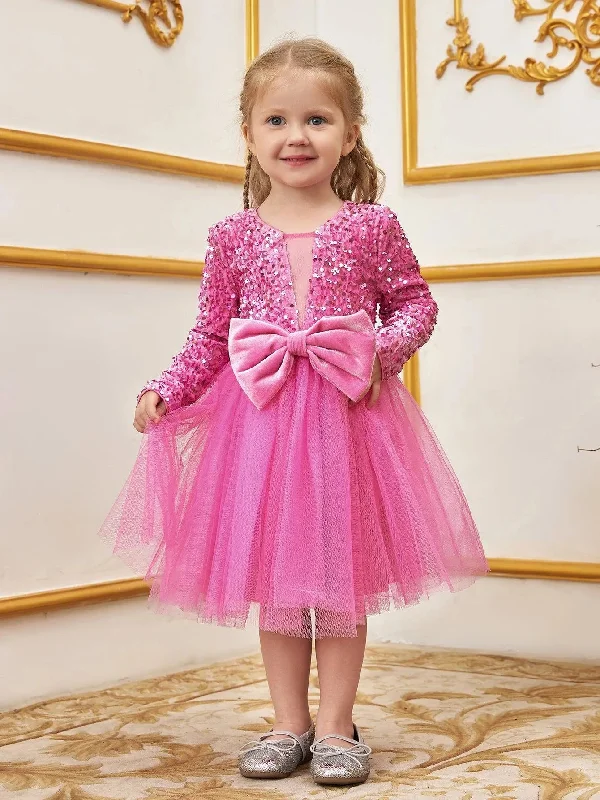 Young Girls' Cute Bow Front Long Sleeve Party Dress Tunics Vintage classic