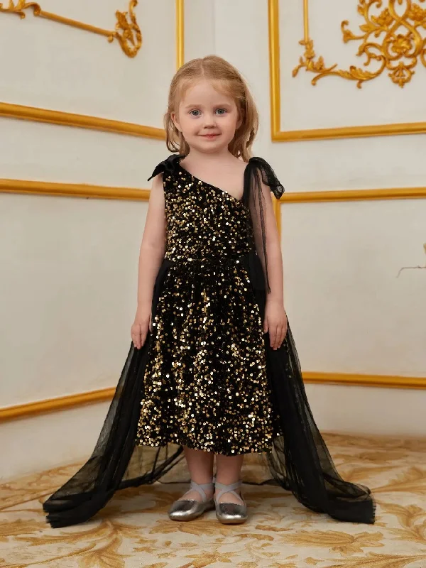 Young Girls' Cute Sleeveless Mesh Overlay Sequin Party Dress Pleated Skirt Elegant