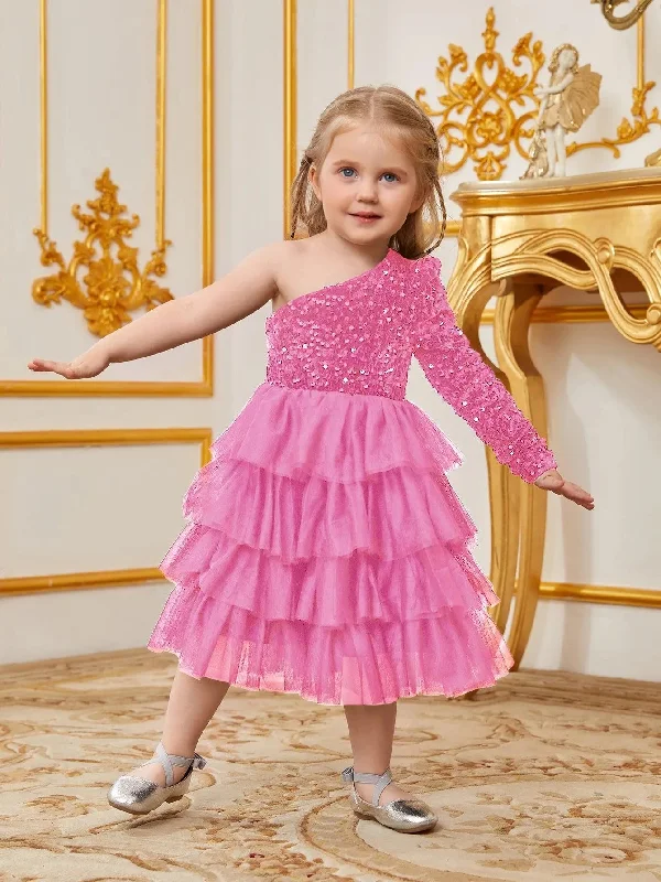 Young Girls' One Shoulder Mesh Lyaered Hem Party Dress Sequined Elegant Party