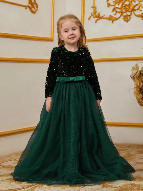 Young Girls' Round Neck Long Sleeve Mesh Hem Party Dress Tunics Designer luxury