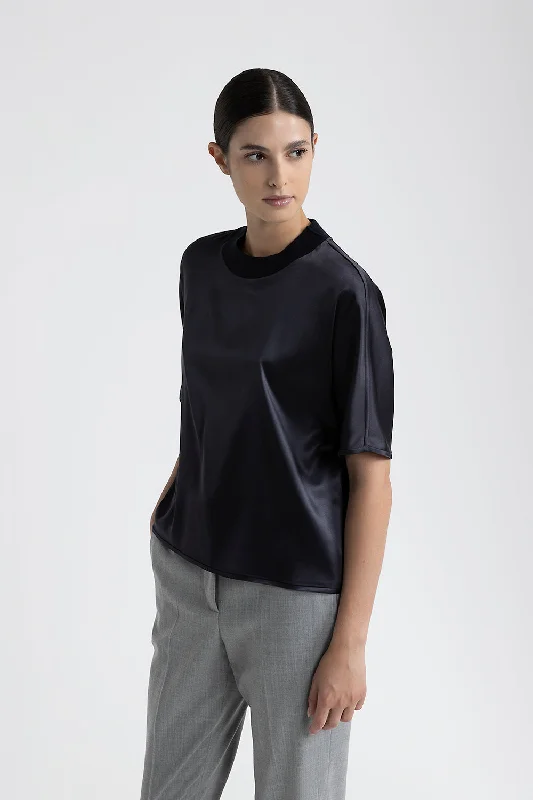 Silk satin crew neck T-shirt Mesh Canvas Denim Mesh Canvas Denim