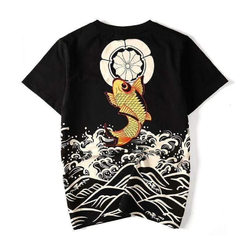 CARP WAVE™ Chinese Style T-Shirt Satin Blend Silk Blend Wool Blend Satin Blend Silk Blend Wool Blend