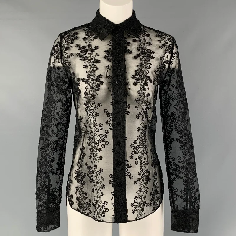 CARVEN Size 2  Black Lace Button Up Shirt Houndstooth Herringbone Solid Houndstooth Herringbone Solid