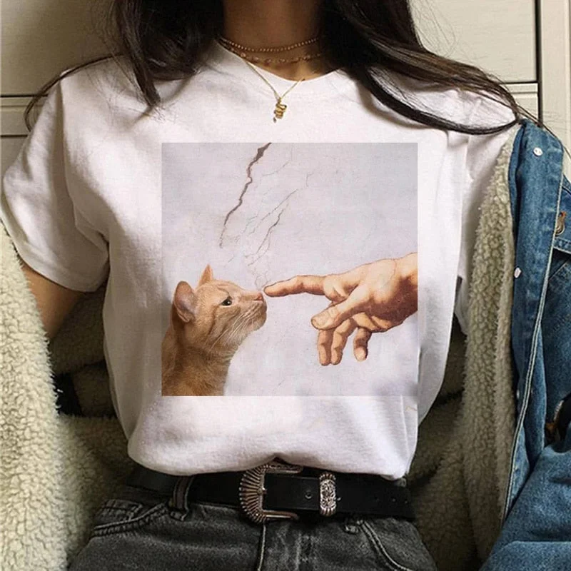 Cat Van Gogh T Shirt Women Art Print Aesthetic Tshirt 90s Cartoon T-Shirt Oversize Shirts Ulzzang Casual Female Clothes Tops Tee Welt Pockets Slit Pockets Welt Pockets Slit Pockets