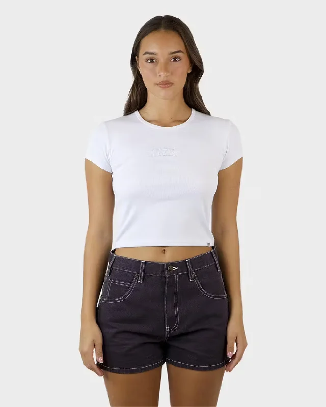DICKIES Longview Mini Womens Ribbed Baby Tee - White Collared T-Shirt Boat Neck A-Line Collared T-Shirt Boat Neck A-Line DICKIES Longview Mini Womens Ribbed Baby Tee - White Collared T-Shirt Boat Neck A-Line Collared T-Shirt Boat Neck A-Line