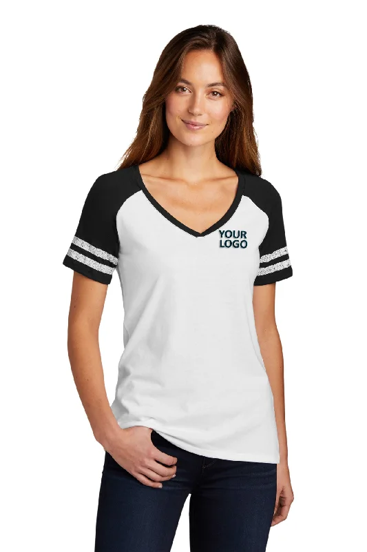 District Made Ladies Game V-Neck Tee's, White/ Black Knit Fabric Woven Fabric Fleece Fabric Knit Fabric Woven Fabric Fleece Fabric District Made Ladies Game V-Neck Tee's, White/ Black Knit Fabric Woven Fabric Fleece Fabric Knit Fabric Woven Fabric Fleece Fabric