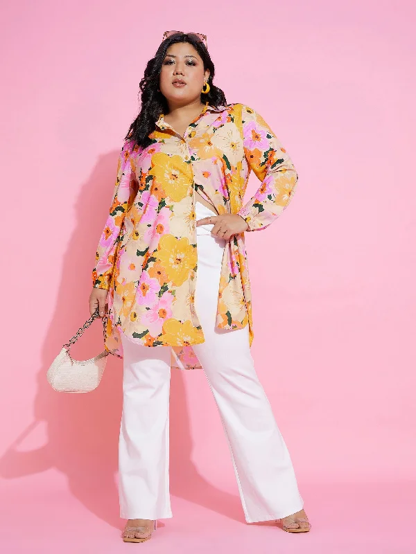 Lyush Women Orange Floral Printed Longline Shirt Hooded Caped Shawl Collar Hooded Caped Shawl Collar