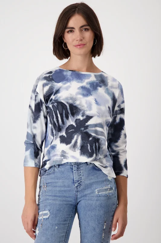 Monari 808101 Moonlight Blue Pattern Allover Flower Print Round Neck 3/4 Sleeves T-Shirt Ribbed Striped Patterned Ribbed Striped Patterned