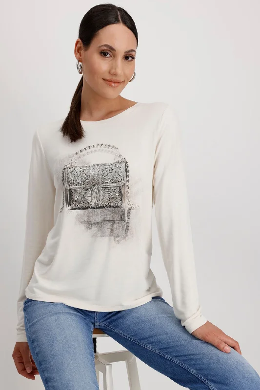 Monari 808535 Chalk Long Sleeve Round Neck T-Shirt Hand Bag Motif Print Jacquard Patchwork Print Jacquard Patchwork