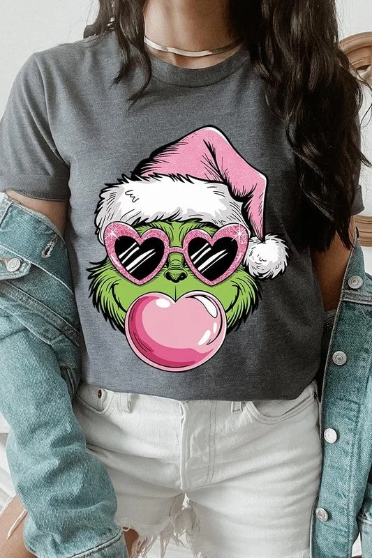 Pink Blowing Bubble Grinch Graphic Tee Graphic T-Shirt Round Neck Polyester Graphic T-Shirt Round Neck Polyester