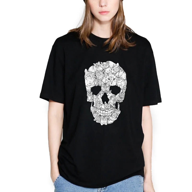 Skull with Cats  Print Women T-shirt / Short Sleeve Tees in Alternative Fashion Terry Blend Velvet Blend Canvas Blend Terry Blend Velvet Blend Canvas Blend