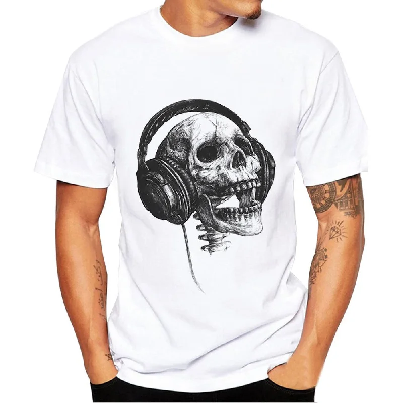 Skull with Headphones Printed women's O-neck T-shirt / Graphic tees with Short sleeve Spandex Blend Rayon Blend Denim Blend Spandex Blend Rayon Blend Denim Blend