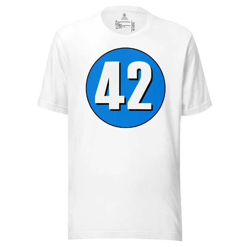 Unisex t-shirt: White on Blue 42 Front Pockets Side Pockets Patch Pockets Front Pockets Side Pockets Patch Pockets