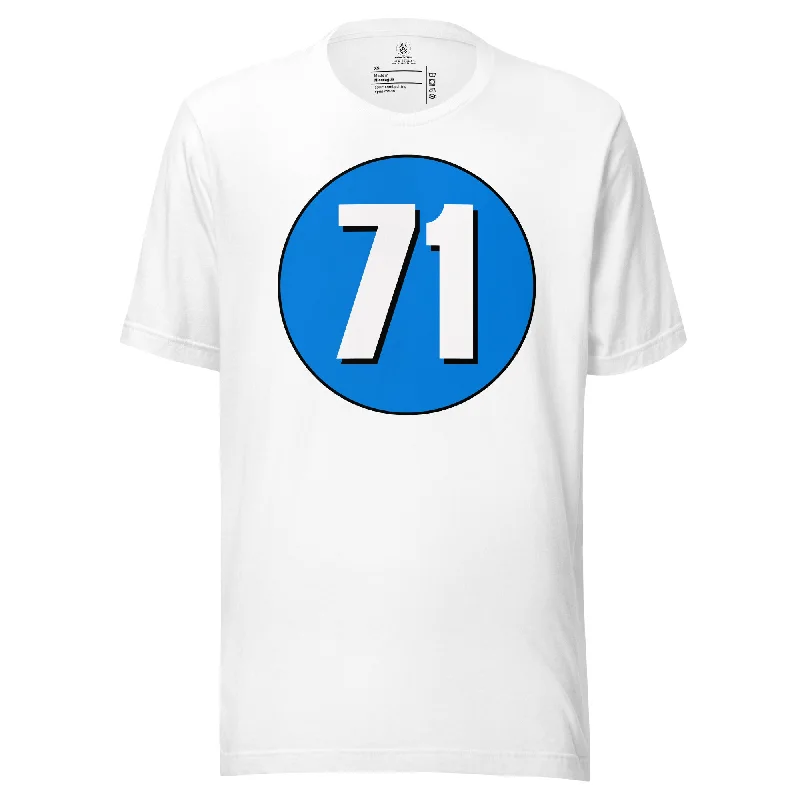 Unisex t-shirt: White on Blue 71 Solid Print Embellished Solid Print Embellished