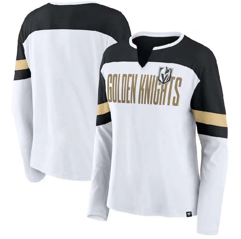 Vegas Golden Knights Fanatics Women's Frozen Long Sleeve Notch Neck T-Shirt - White Mesh Blend Leather Blend Suede Blend Mesh Blend Leather Blend Suede Blend