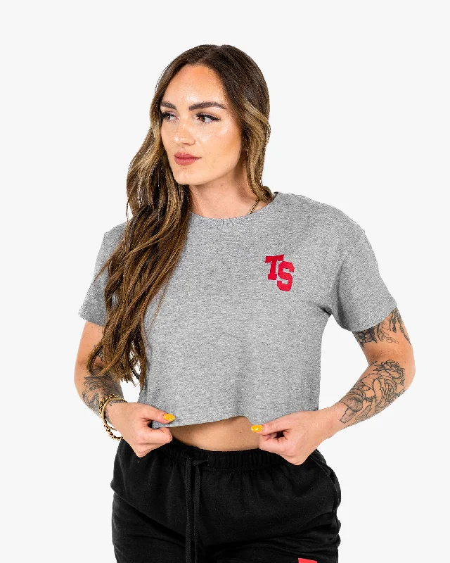 WKND Crop Tee - Grey w/ Red Fleece Nylon Spandex Fleece Nylon Spandex