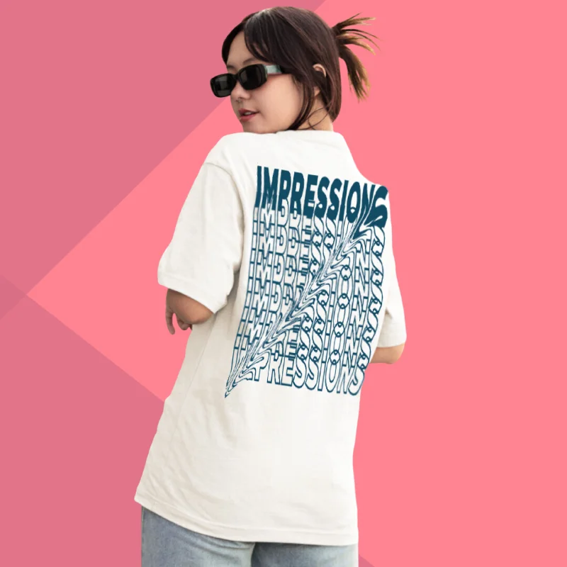 Women's IMPRESSION Printed Oversized White Classic T-Shirt - Oversized T-Shirt for Her Real Fur Shearling Chenille Real Fur Shearling Chenille