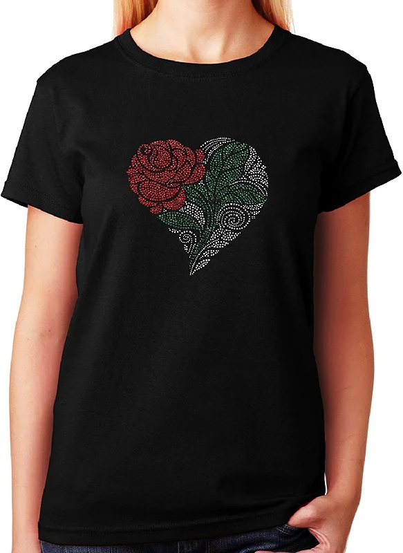 Women's / Unisex T-Shirt with Heart With Rose and Green Leaf In Rhinestones Houndstooth Herringbone Solid Houndstooth Herringbone Solid