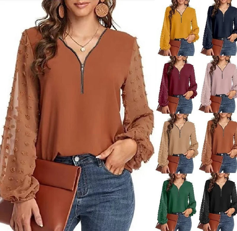Women's V-neck Chiffon Shirt With Long Sleeve Stitching Lace Blend Ribbed Blend Corduroy Blend Lace Blend Ribbed Blend Corduroy Blend