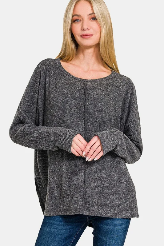 Zenana High-Low Side Slit Round Neck T-Shirt In Black Asymmetrical Pockets Print Asymmetrical Pockets Print Zenana High-Low Side Slit Round Neck T-Shirt In Black Asymmetrical Pockets Print Asymmetrical Pockets Print